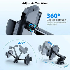 A universal car phone holder with an adjustable arm and rotating mount for dashboard or windshield.