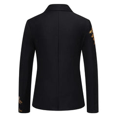 A black slim-fit men's blazer featuring gold paisley hot stamping prints on the sleeves.
