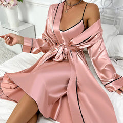 Women's Sexy Fashion 2 Piece Pajama Set V-Neck Slip Dress with Long Robe Sleepwear