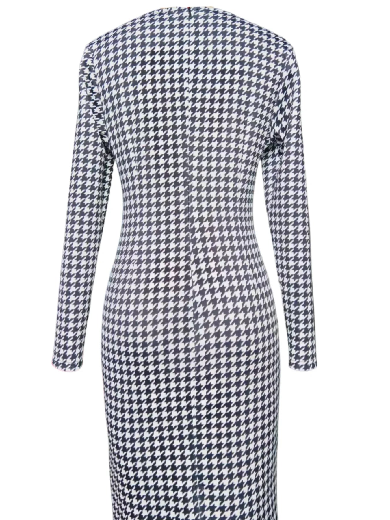 Back view of a slim-fit, long-sleeve midi dress featuring a black and white houndstooth pattern.
