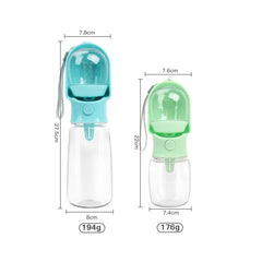 Two portable pet water bottles in blue and green with their respective dimensions and weights.