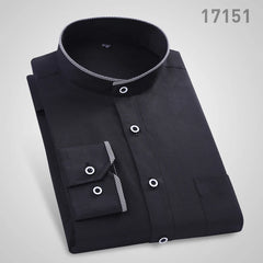 Men's stand up collar shirt classic round neck slim fit vertical collar long sleeved white shirt