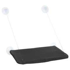 A black cat hammock with four suction cups and support wires for mounting on a window.