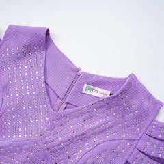 A purple textured bodycon dress featuring a V-neckline, back zipper, and scattered rhinestone embellishments.