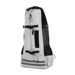A gray waterproof pet carrier backpack with black mesh side panels and adjustable straps.
