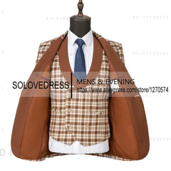 A three-piece checkered slim fit men's suit featuring a blazer, vest, and dress shirt.