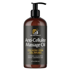 An 8 fluid ounce brown pump bottle of M3 Naturals anti-cellulite massage oil.