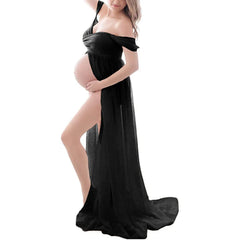 Deep V-neck lace maternity dress with long sleeves, tulle fabric, feather details, and hollow horn accents for photo shoots.