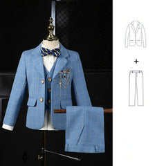 A blue plaid boys formal suit set including a blazer, vest, trousers, and a striped bowtie.