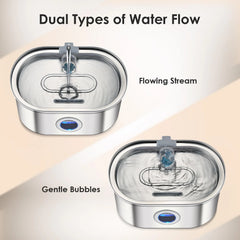 A stainless steel pet water dispenser shown with two different water flow settings.