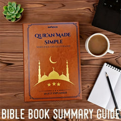 A brown leather-bound book titled Quran Made Simple sits on a wooden desk with a coffee mug.