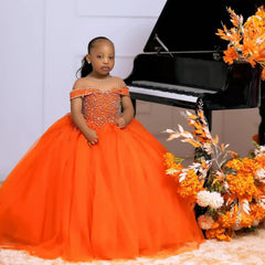 Orange Tulle Girls Birthday Party Dresses Customized Ball Gown Crystal Flower Girl Dresses for Wedding Baby Girls Pageant Dress