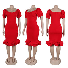 A red, square-neck, short-sleeve bodycon midi dress with a ruffled hem.