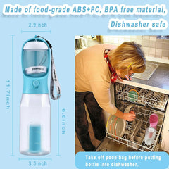 A portable blue and clear plastic dog water bottle with a built-in bowl and waste bag dispenser.