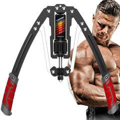 An adjustable hydraulic arm exerciser with red grips and a central strength adjustment dial.