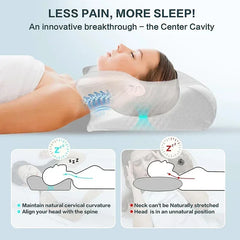 An ergonomic memory foam pillow with a center cavity designed to support neck alignment.