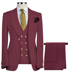A three-piece burgundy suit featuring a double-breasted vest, blazer, and matching trousers.