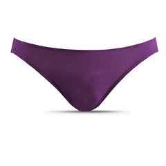 A pair of solid purple men's low-waist briefs made from a thin, stretchy modal knit fabric.