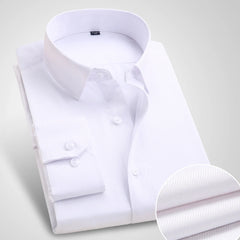 A white long-sleeve dress shirt with a twill texture and a classic button-up collar.