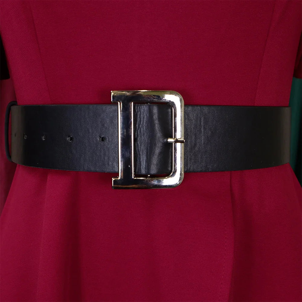 A wide black belt with a large silver D-shaped buckle worn over a solid red dress.