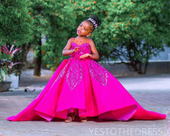 Fuchsia Baby Girl Birthday Party Satin Dress Beaded Lace Appliques Sleeveless Flower Girl Dresses For Wedding Customized