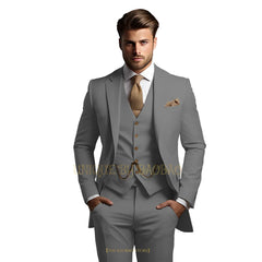 Men's grey 3-piece suit (jacket + vest + trousers) Elegant classic wedding attire, custom banquet birthday party tuxedo