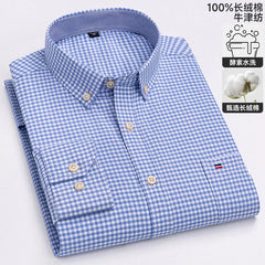 100% Pure Cotton Oxford Men's Shirts Long Sleeve Plaid Soft Regular Fit Formal Dress Shirt Social Blouse Male Clothes 6XL 7XL