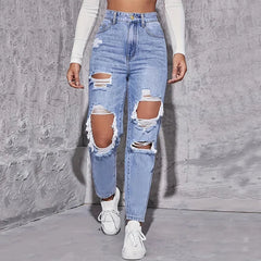 American Retro Hole-punched Jeans Women High Waist Straight-crotch Loose Slim Design High-street Vibe Wide-legged Dragging Pants SHOWLU FASHION STORE