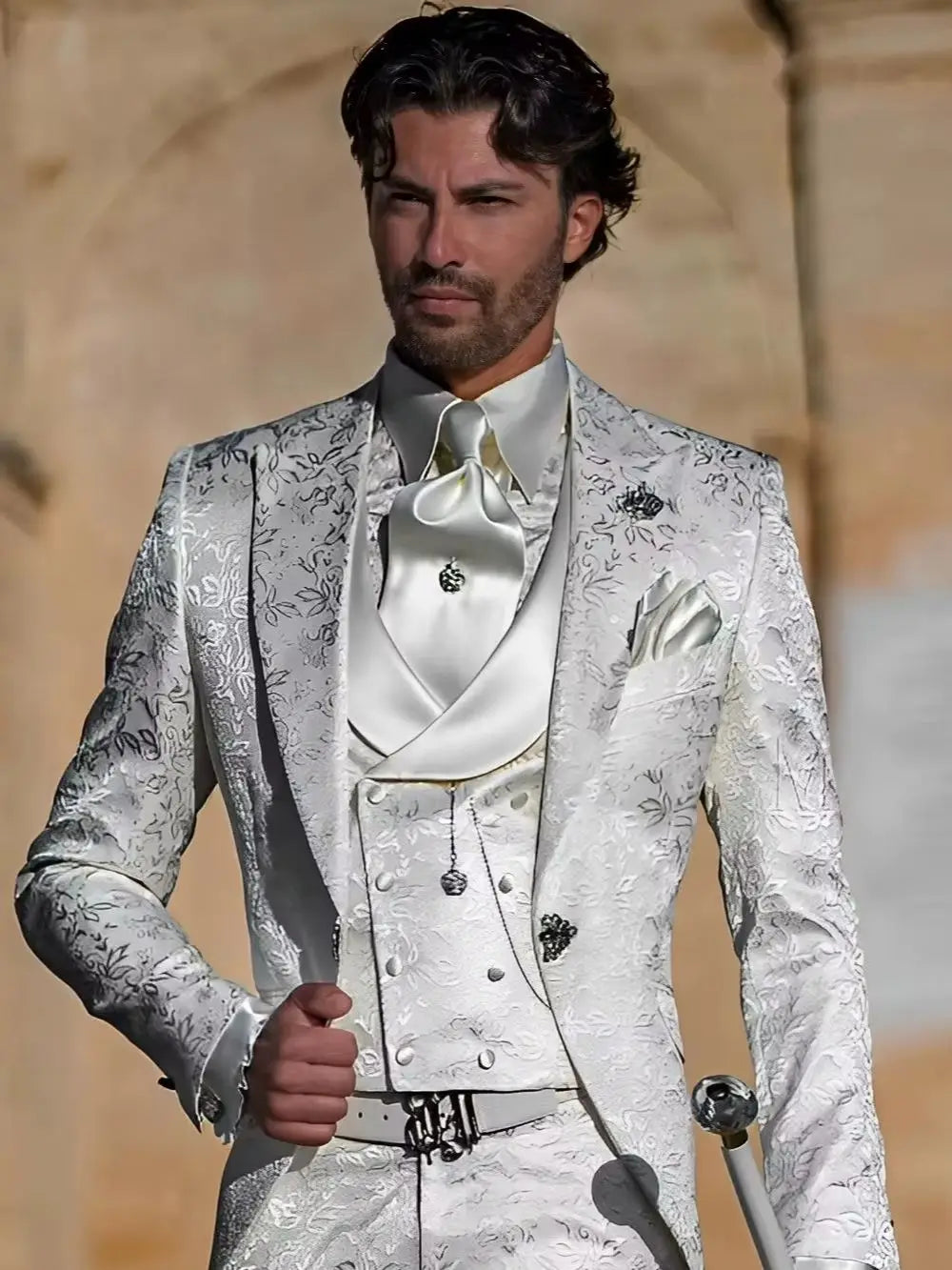 Elegant men's three-piece jacquard suit with slim fit tuxedo jacket, pants, and vest, ideal for formal events and weddings.