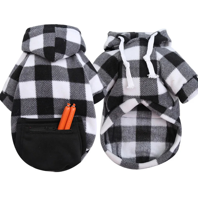 Two views of a black and white plaid dog hoodie featuring a small zippered pocket with sausages.