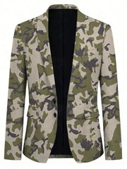 A men's single-breasted blazer featuring a green and tan camouflage pattern.