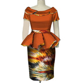 A two-piece set featuring an orange off-shoulder top and a patterned pencil skirt with a peplum.