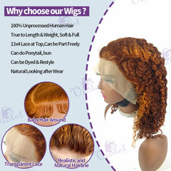 Orange Ginger 13x4 Lace Frontal Wigs Deep Wave P4/350 Transparent Colored Human Hair Wigs Brazilian Curly Lace Front Bob Wigs SHOWLU FASHION STORE