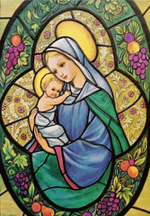 A diamond painting kit featuring a stained glass style image of the Virgin Mary and baby Jesus.