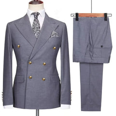 A grey double-breasted men's suit with gold buttons, including a jacket and matching trousers.