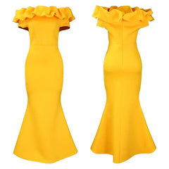 A yellow off-the-shoulder floor-length mermaid dress with a ruffled neckline.