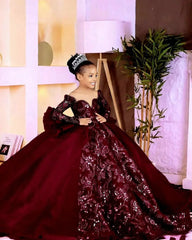 Customized Pink Flower Girl Dresses Children Birthday Dress Illusion Sheer Neck Long Sleeves Beaded Lace Princess Ball Gowns