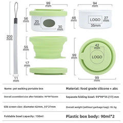 A green, collapsible pet travel bowl and storage container with a lanyard and dimension labels.