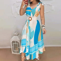 Beach Dress With Belt Women Sleeveless Floral Print Tie Knot Casual Long Dress Summer Ruffled High Waist Large Swing Maxi Dress