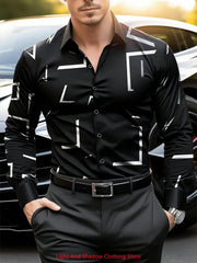 Men's fashionable business casual long sleeved lapel shirt with irregular lines and comfortable printed men's street shirt