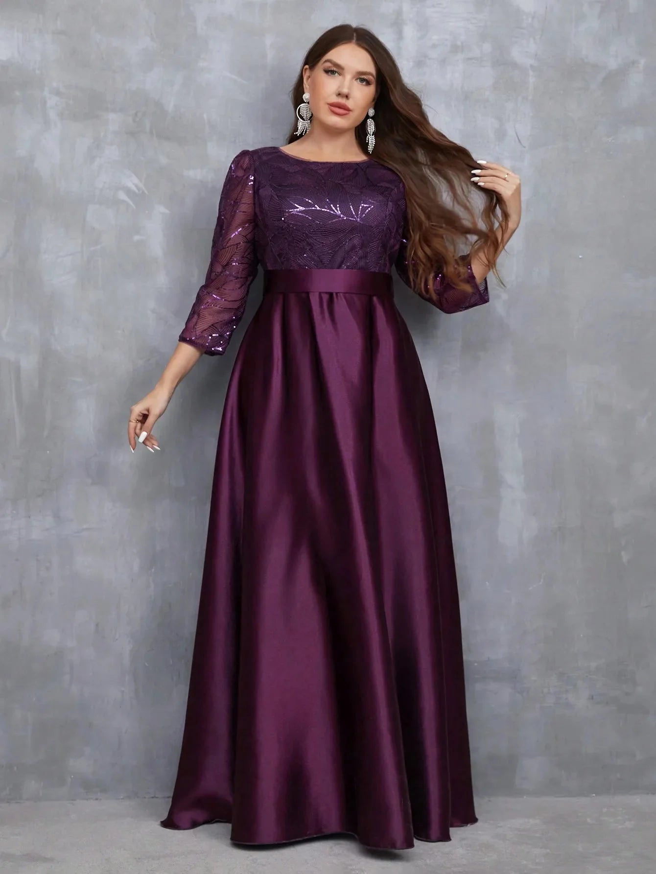 Mgiacy Crew neck long sleeve sequin patchwork satin long gown ball dress Party dress Bridesmaid dress SHOWLU FASHION STORE