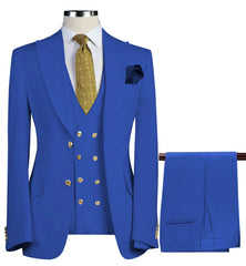 A royal blue three-piece suit featuring a double-breasted vest, gold buttons, and a gold tie.