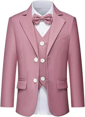 A dusty pink children's formal suit featuring a single-breasted jacket, vest, and matching bowtie.
