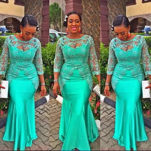Turquoise African Mermaid Evening Dress Vintage Lace Nigeria Long Sleeves Aso Ebi Style Mother Party Gown Customized SHOWLU FASHION STORE