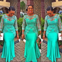 Turquoise African Mermaid Evening Dress Vintage Lace Nigeria Long Sleeves Aso Ebi Style Mother Party Gown Customized SHOWLU FASHION STORE
