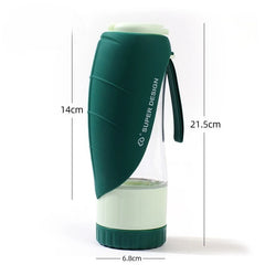 A portable green and clear pet water bottle with a leaf-shaped drinking cup and dimensions.