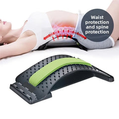 An adjustable arched back stretcher with a green foam strip and acupressure nodes.