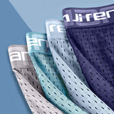 A stack of four men's breathable mesh boxer shorts in gray, teal, light blue, and navy.