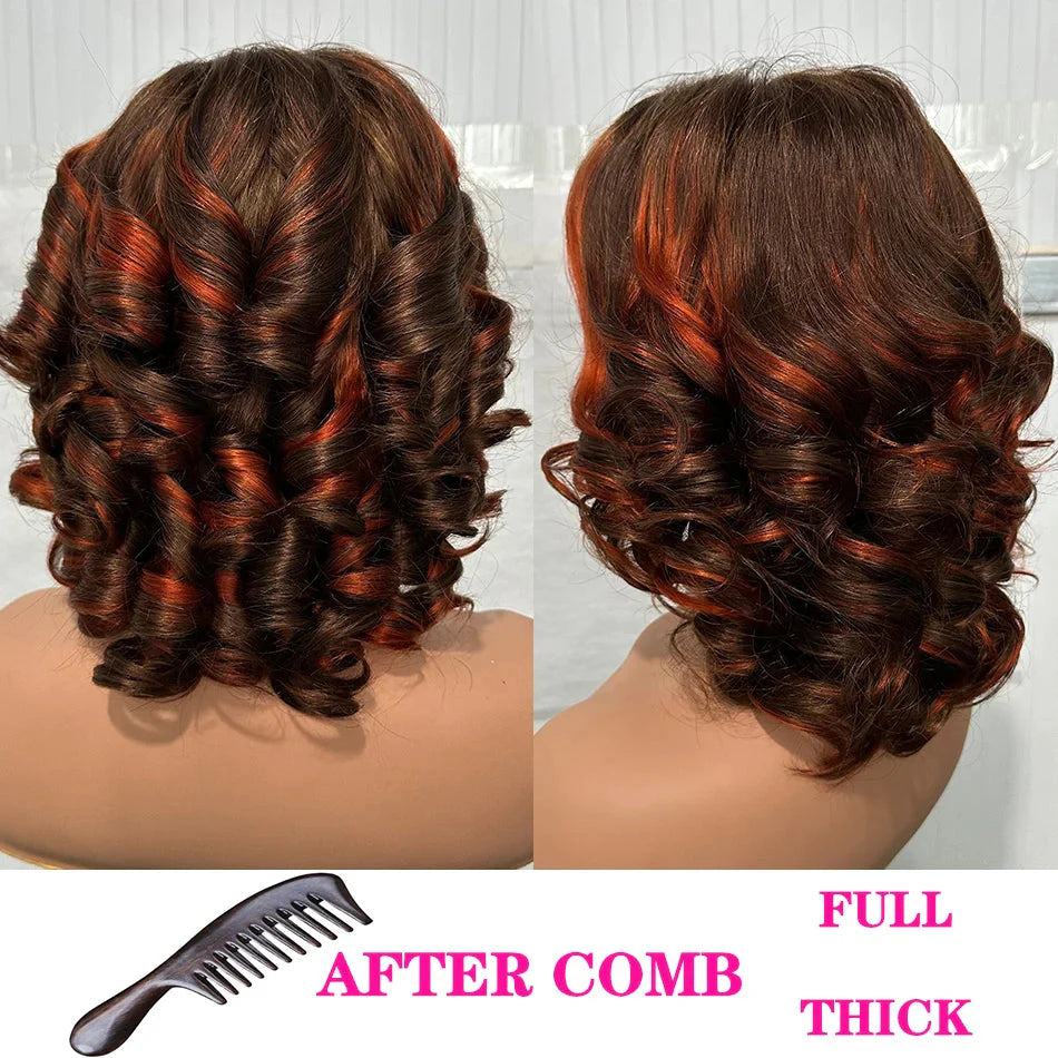 100% Malaysia Hair 250 Density Double Drawn P4 27 Ombre Highlight Bouncy Wave Wear and Go 5x5 Glueless Human Hair Bob Curly Wigs SHOWLU FASHION STORE