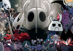 A canvas print featuring a collage of various characters from the video game Hollow Knight.